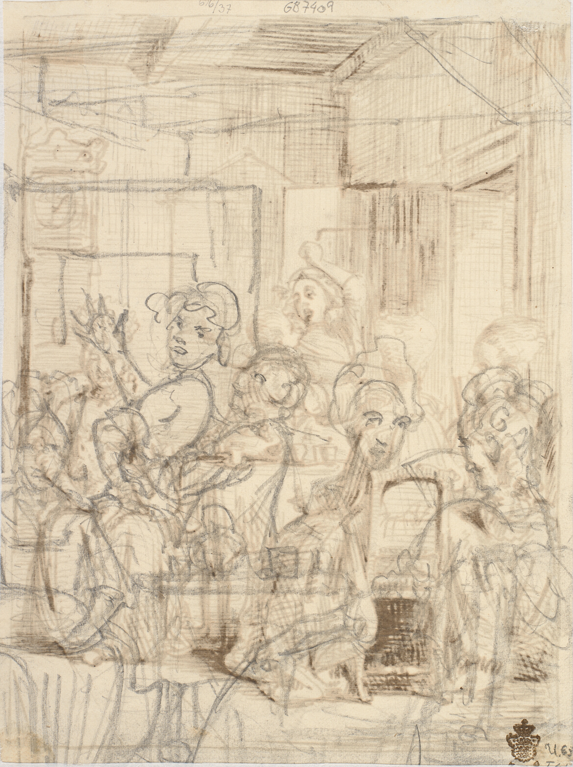 Blyantsudkast til lignende scene som recto